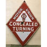 A rare Motor Union 'Concealed Turning' lozenge shaped enamel sign, 22 x 29 1/2".