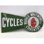 A Rudge Whitworth of Coventry Cycles shaped double sided enamel sign, lacking hanging flange by