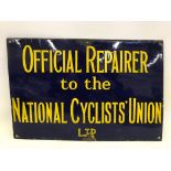 An unusual enamel sign - Official Repairer to the National Cyclists' Union Limited, with good gloss,