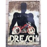 A French pictorial tin advertising sign for Dresch depicting a motorcycle to either side, circa