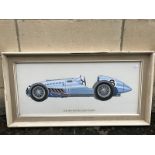 A framed and glazed hand coloured study of a 1949 4.5 litre Lago-Talbot, 26 x 13 1/2".