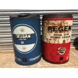 Two Regent five gallon cylindrical drums.