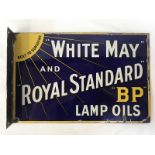 A White May & Royal Standard BP Lamp Oils double sided enamel sign with hanging flange, with good