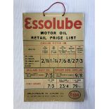 An Essolube Motor Oil retail price list showcard, 6 x 8 1/2".