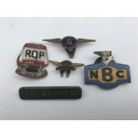 Five rare and early pin badges for Aeroshell, ROP, NBC and Heppolite etc.