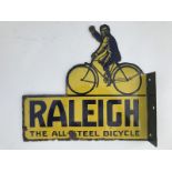 A Raleigh - The all steel Bicycle die-cut double sided enamel sign with re-attached hanging flange