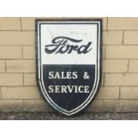 A Ford Sales and Service shield shaped double sided advertising sign, 28 x 42".
