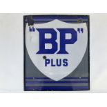 A BP Plus rectangular enamel sign with shield motif and good gloss, 21 x 24".