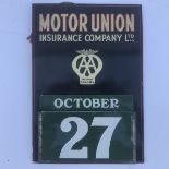 A Motor Union Insurance Company Limited tin wall hanging calendar with tin date inserts, checked and