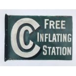 An unusual 'Free Inflating Station' double sided enamel sign with hanging flange, with some