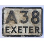 A small aluminium road sign: A38 Exeter, with integral reflectors, 13 x 9 1/2".