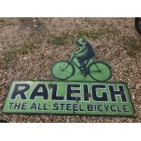 A Raleigh 'The all-steel bicycle' rectangular two piece enamel sign by Lang, depicting a cyclist, 84