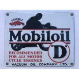 A Mobiloil 'D' grade pictorial enamel sign depicting a motorcyclist in silhouette for attaching to