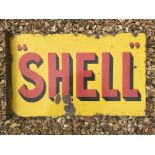 A Shell double sided enamel sign with hanging flange, 24 x 15".