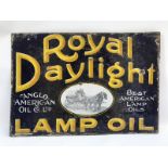 A Royal Daylight Lamp Oil double sided enamel sign, lacking hanging flange, with central black and