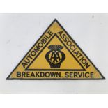 An AA Breakdown Service triangular enamel sign with amateur retouching to each corner, 12 x 7 1/2".