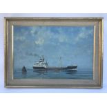 A framed oil painting of an ocean going oil tanker, Dublin by Michael Burnett, catalogue no. 2204,