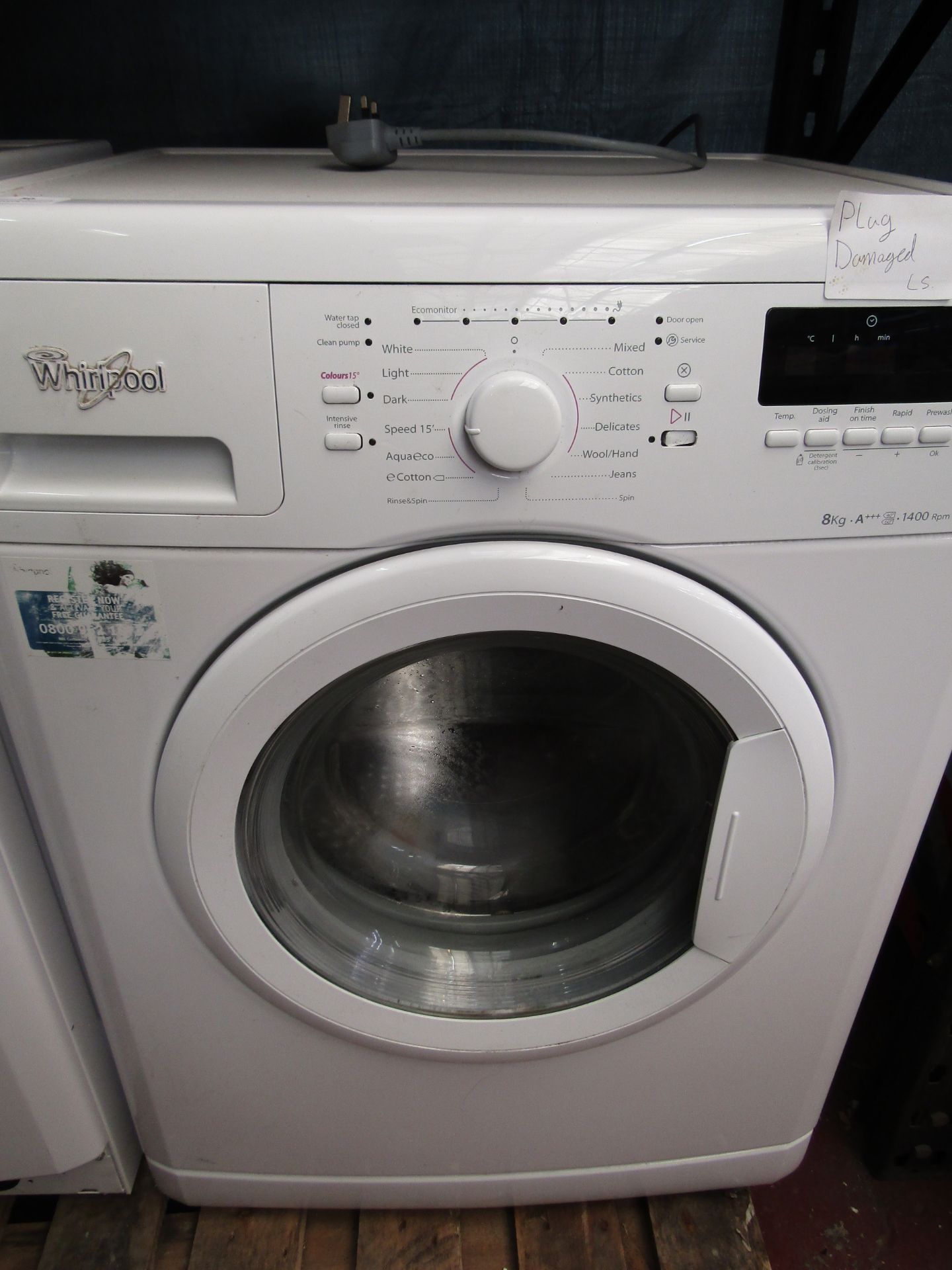 Whirlpool 6th sense colours washing machine, unable to test as has a damaged plug