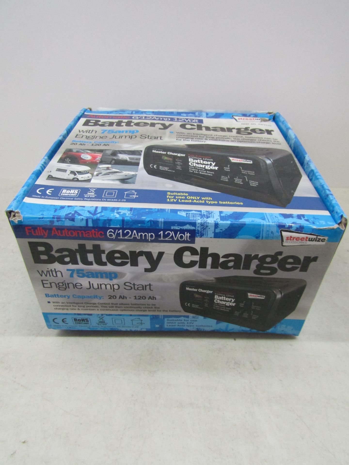 Fully automatic 6/12amp 12V Battery charger with 75amp engine jump start. Unused, unopened and