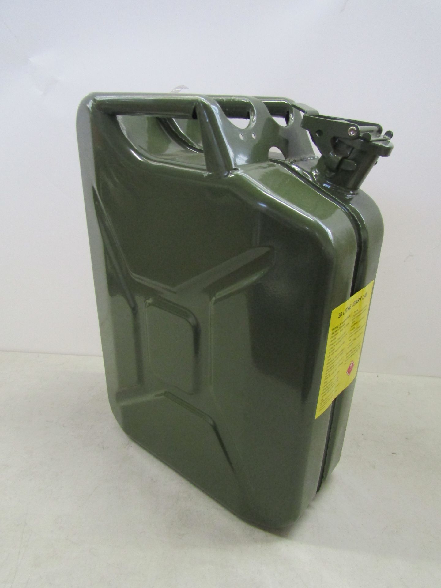 20L Olive green colour jerry can, has been used and is dented.