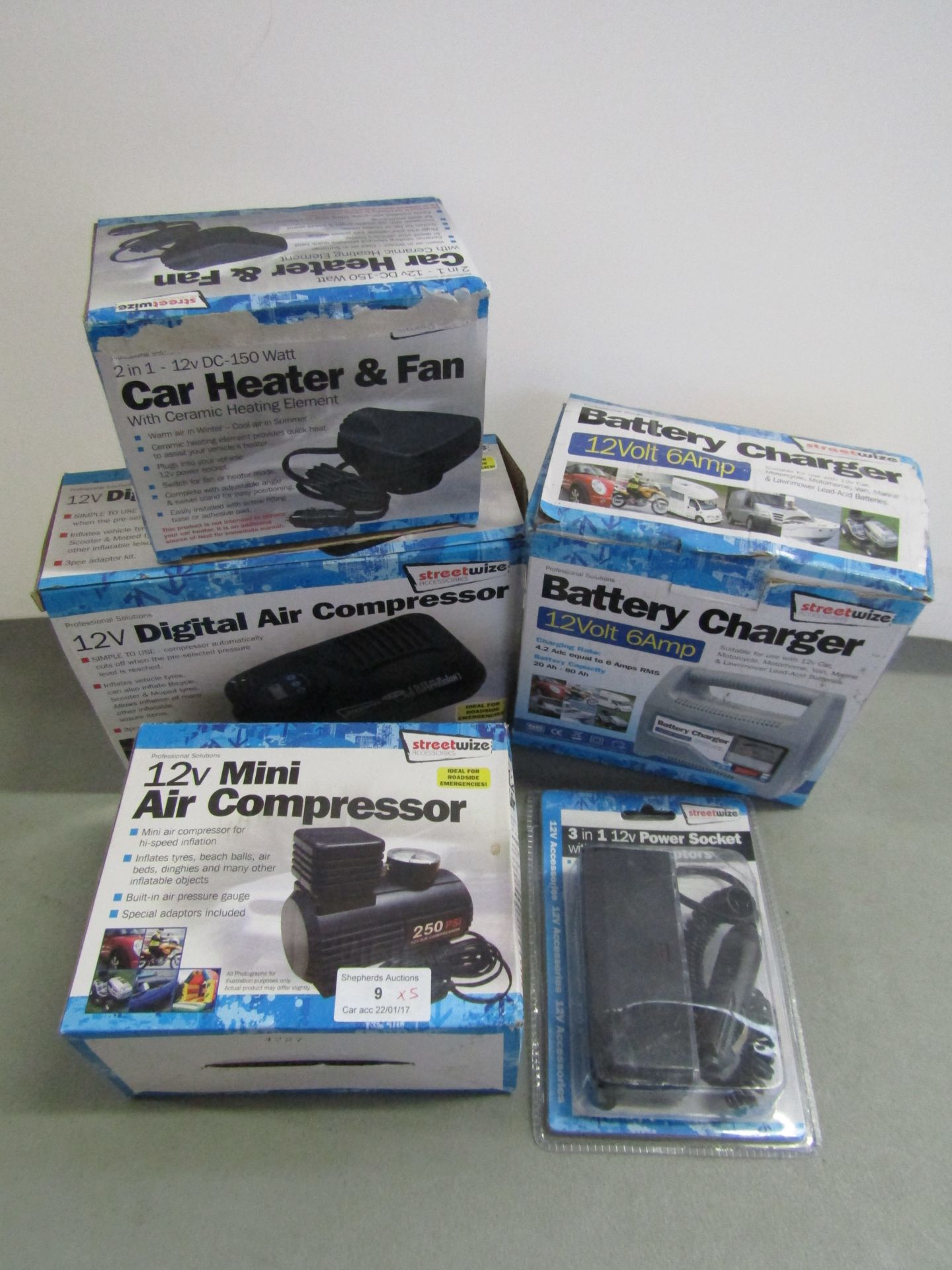 5x Items being; 12V 6A battery charger, 2x 12V air compressors, 12V car heater & fan and a 3 in 1