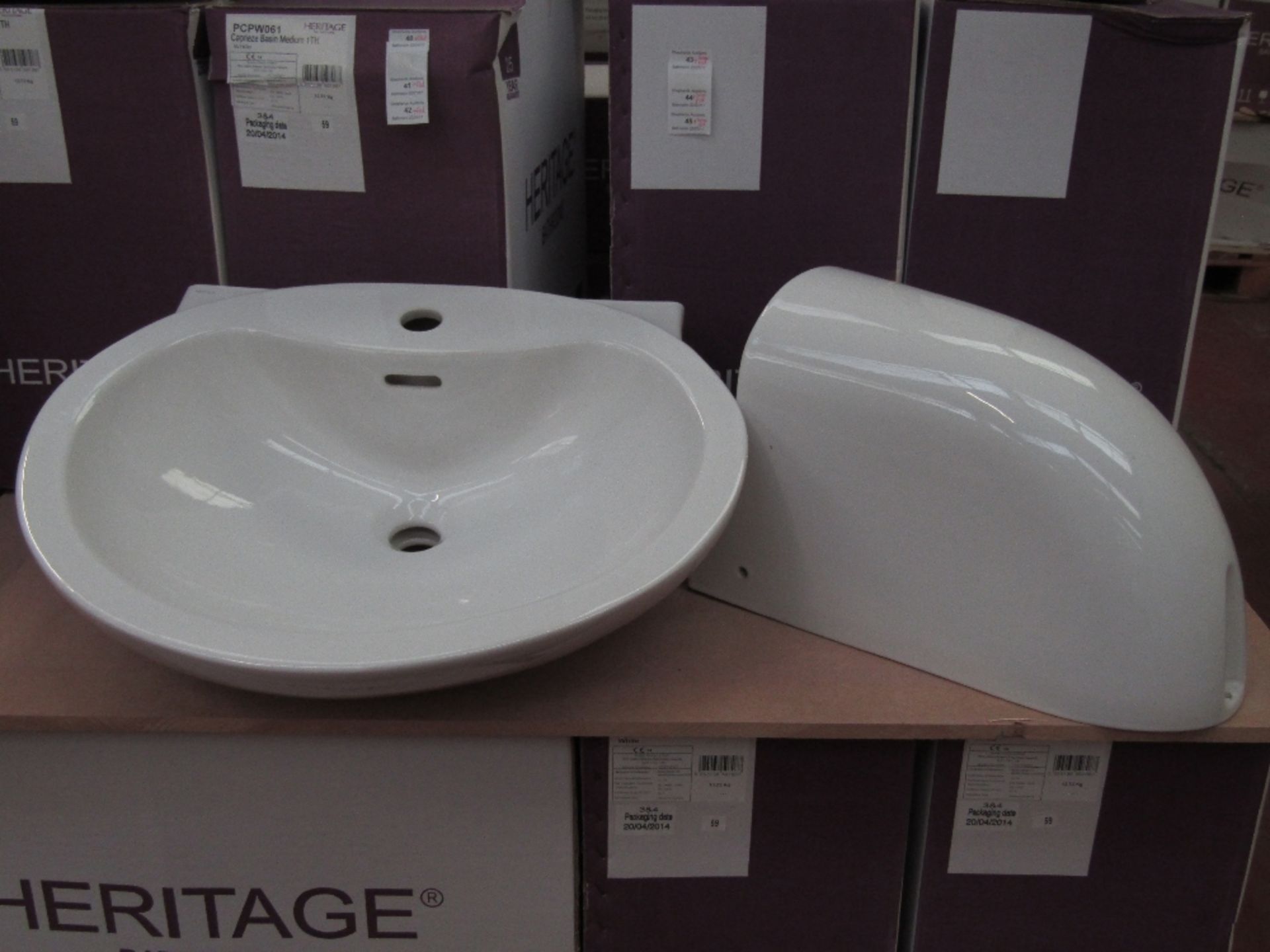 Heritage Bathrooms Caprieze Basin Medium 1TH with Caprieze Wall Hung Pedestal. Both New & Boxed (two