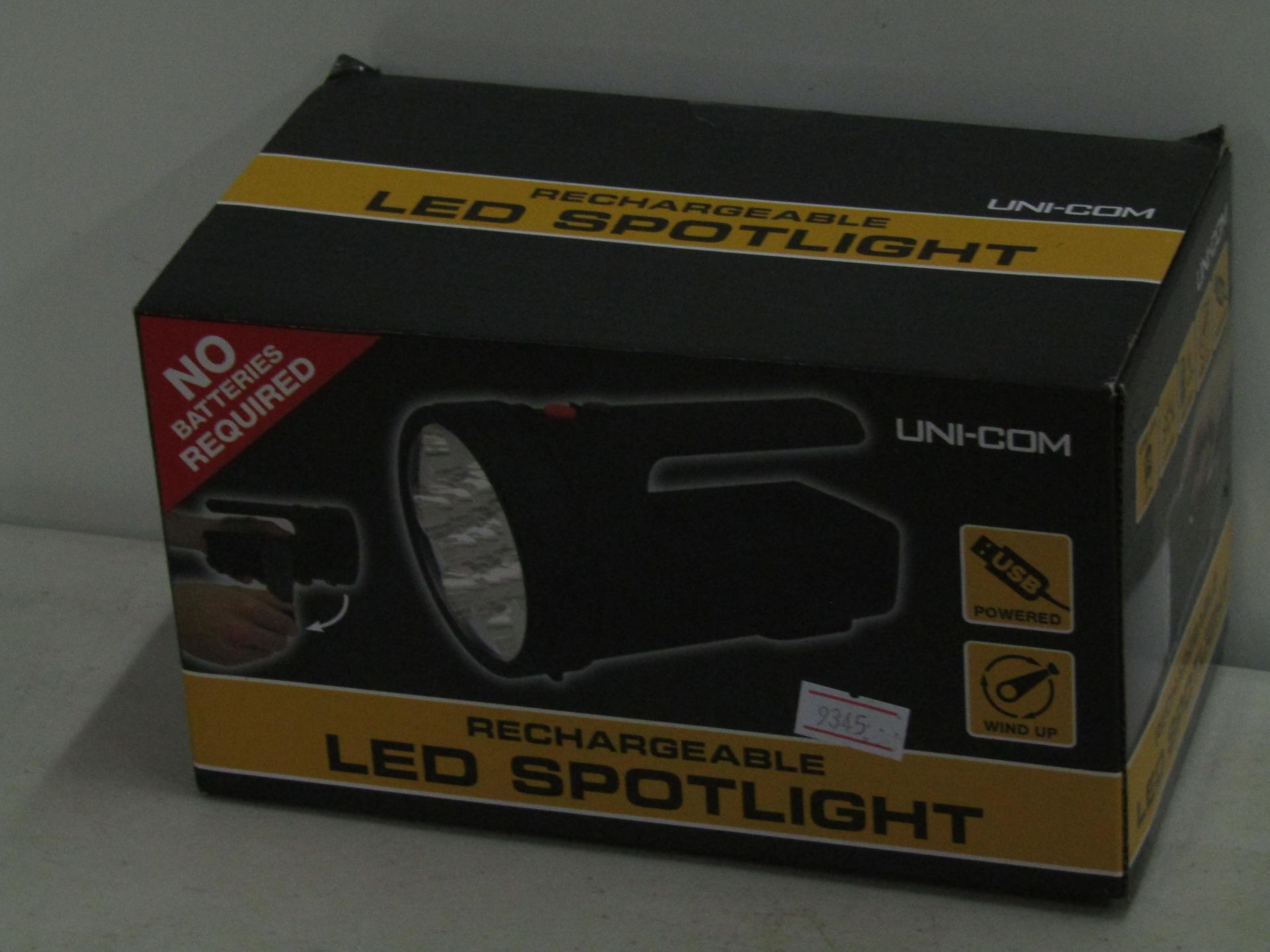 Uni-Com rechargeable LED spotlight, unchecked and boxed.