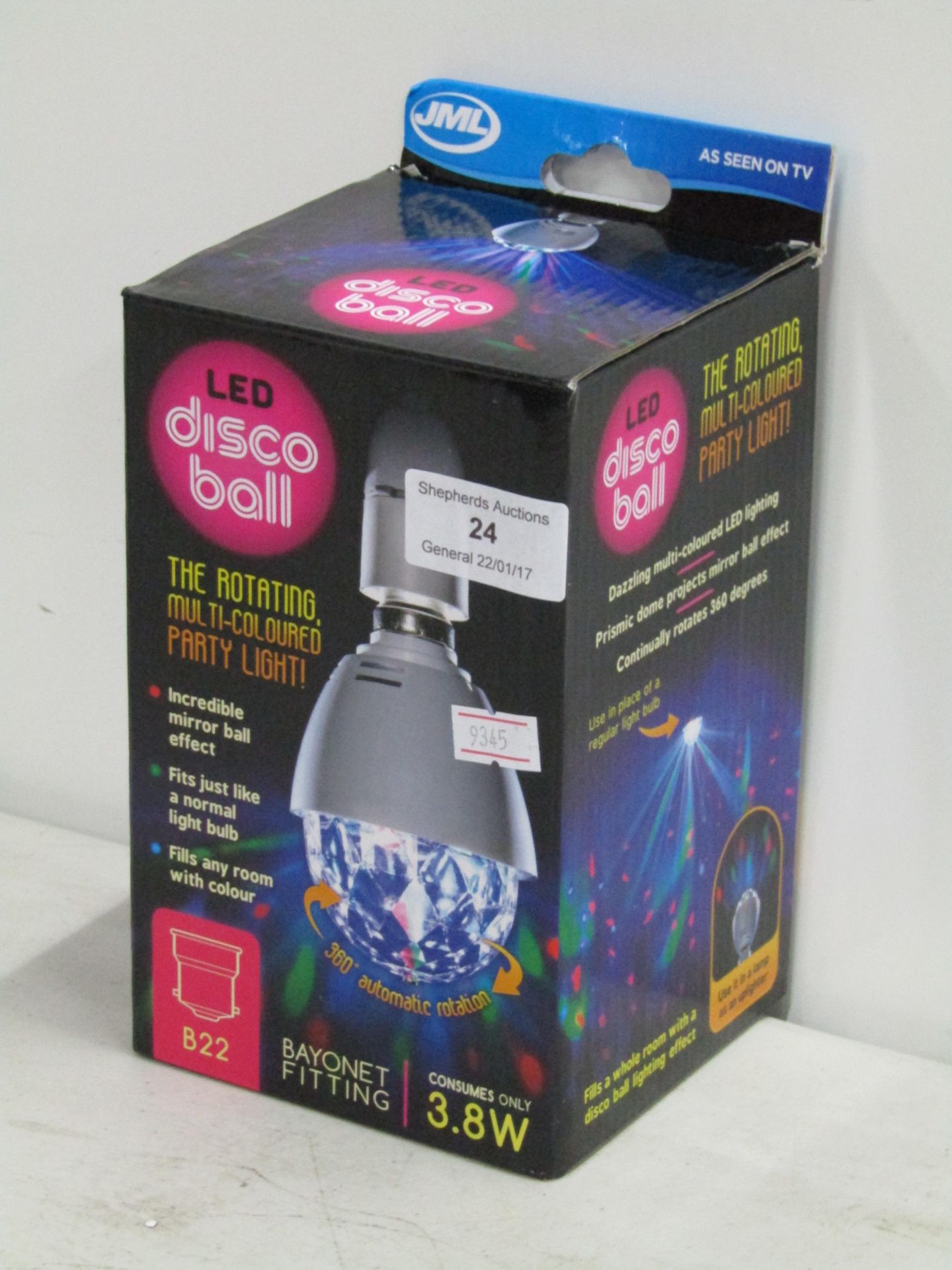 LED Multi-coloured disco ball, unchecked and boxed.