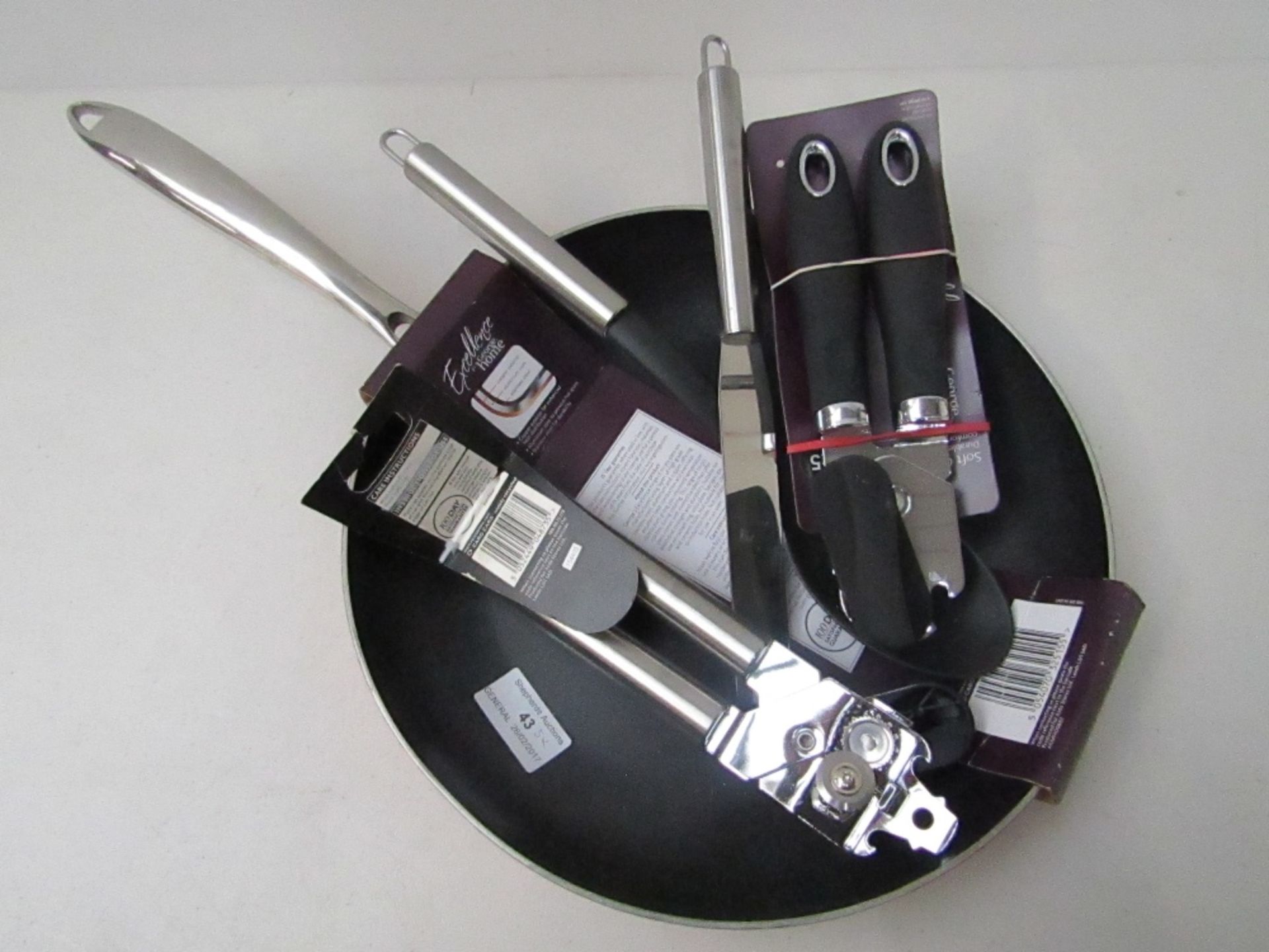 5 items being, 2x can openers, metal handled cooking spoon, knife spatula, George home Tri-play