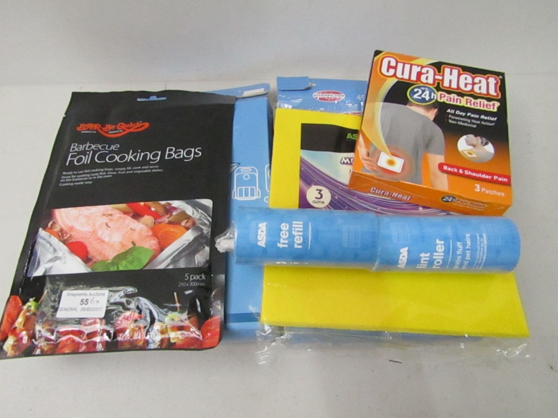 6 items being, barbecue foil cooking bags, ASDA lint roller, Cura-heat pain relief, ASDA multi