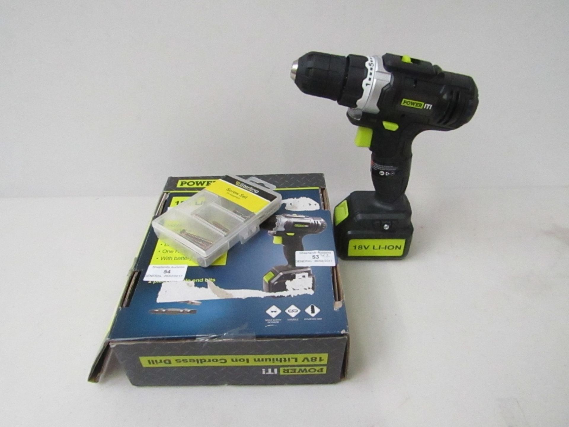 2 items being, Power It! 18v Lithium Ion cordless drill with charger tested working and boxed,