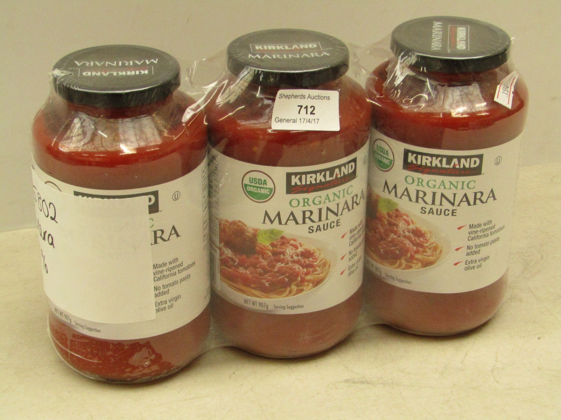 3x Kirkland organic marinara sauce, sealed. BB 07/09/2017