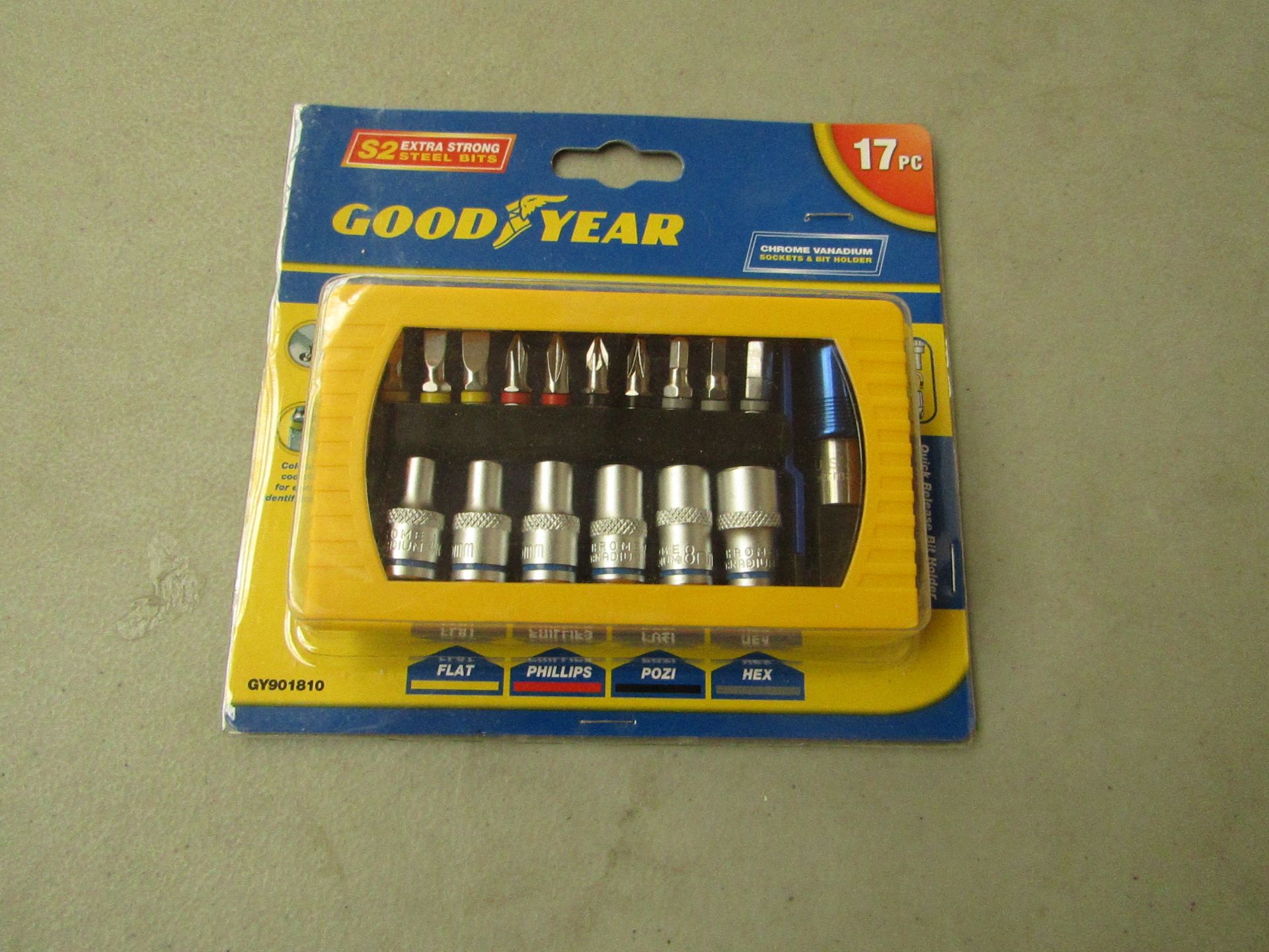 Good Year 17 piece screwdriver bit and socket set, brand new and packaged.