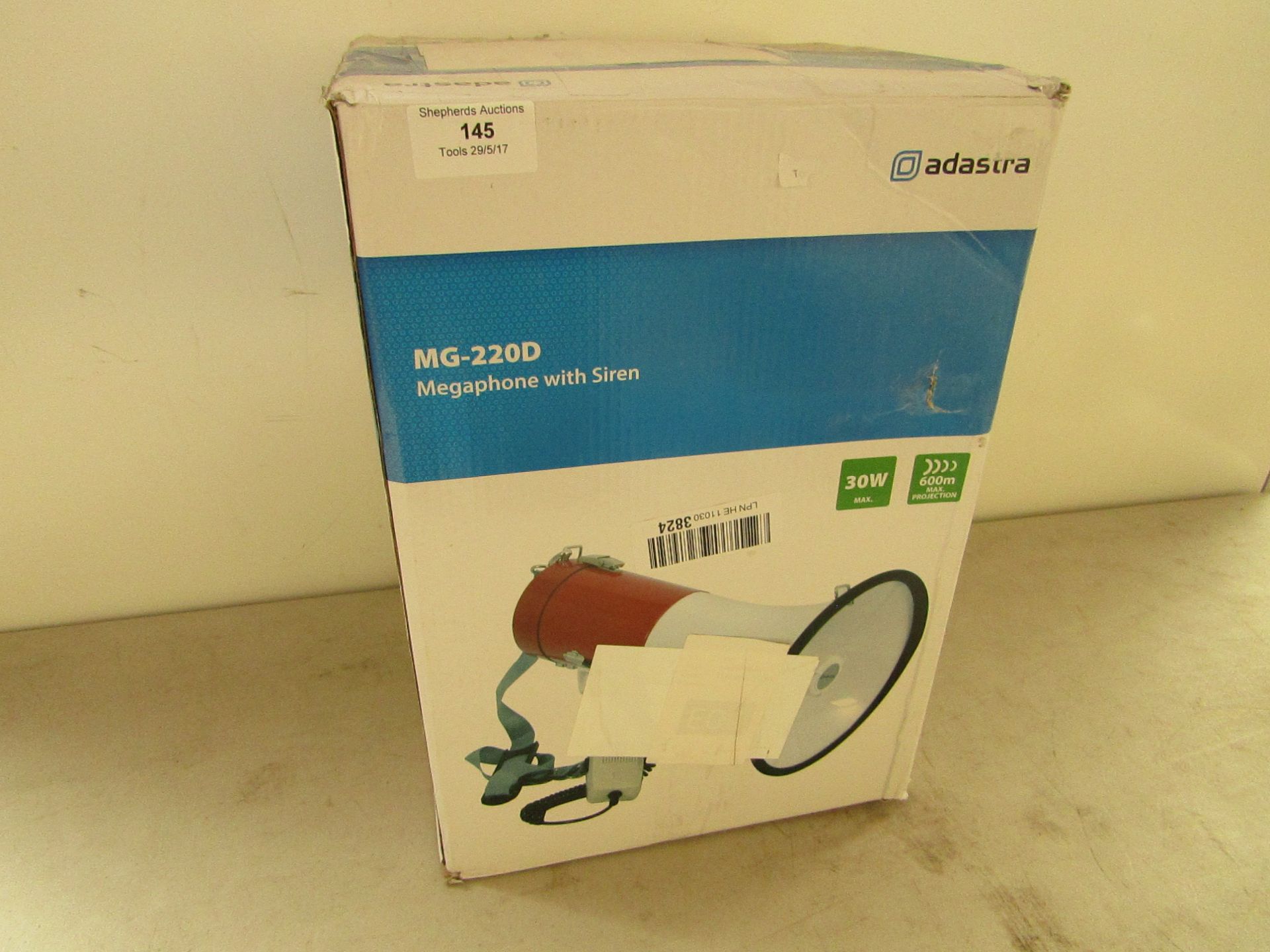 Adastra MG-220D Megaphone with siren, unchecked and boxed.