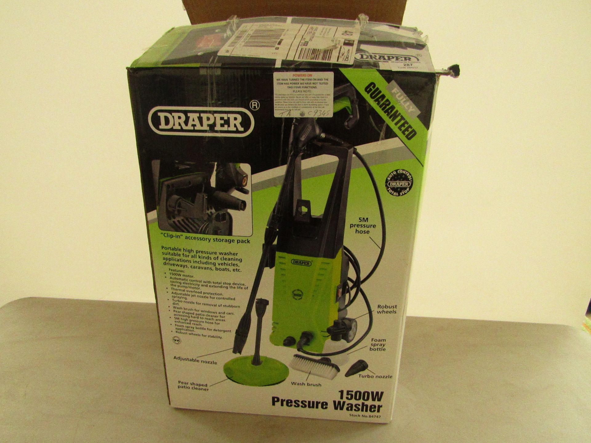 Draper 1500W pressure washer, powers on and boxed.