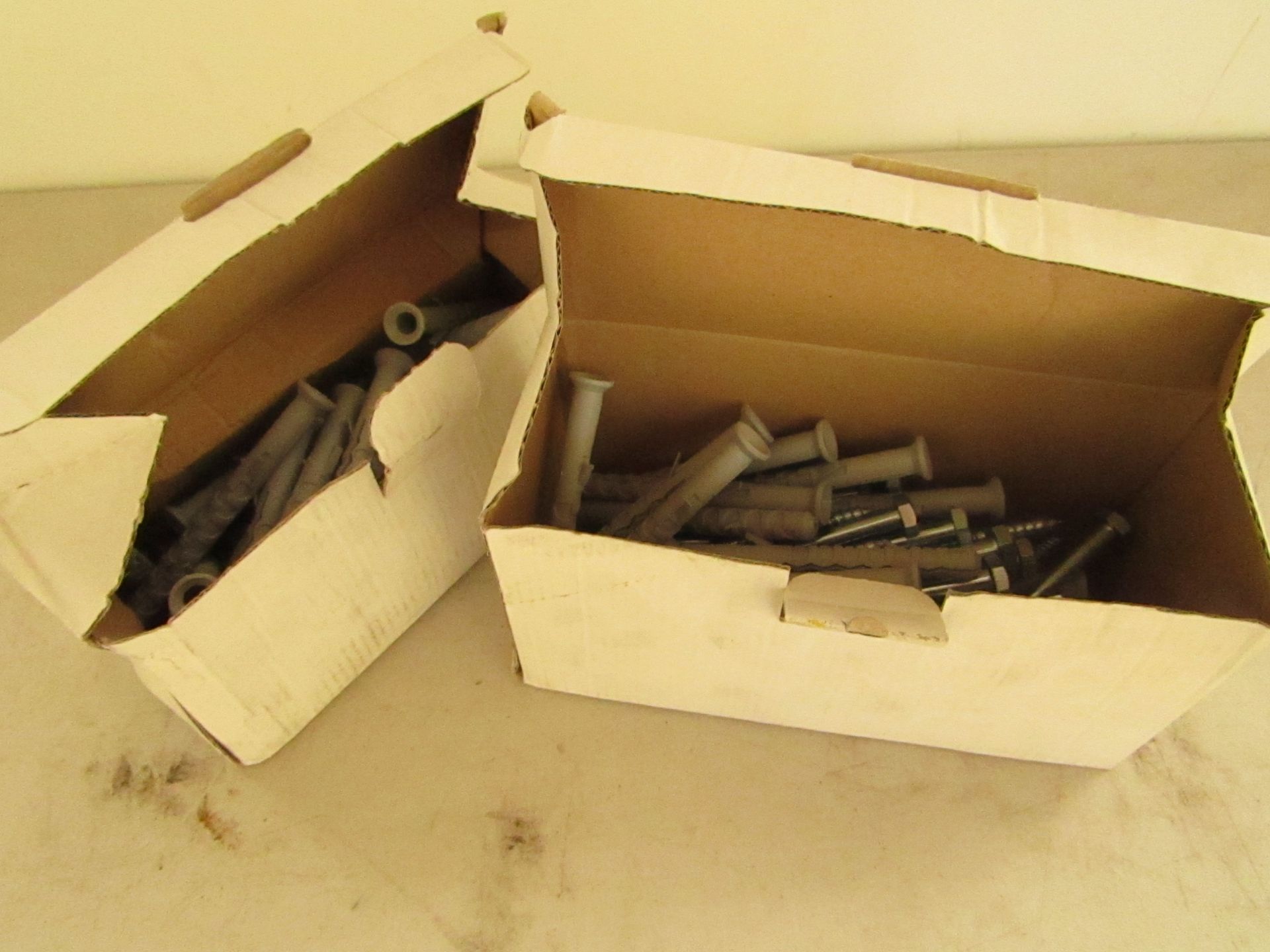 2x Boxes each containing approximately 25x wall fixings KD-10100, 10x 100mm, new.