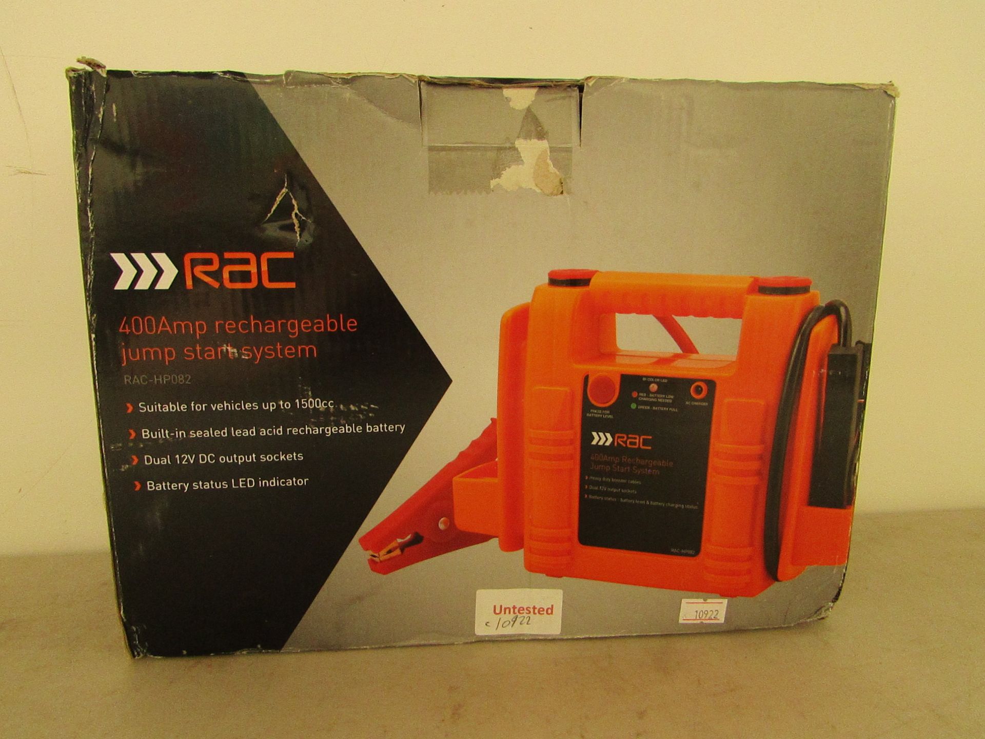 RAC 4000amp rechargeable jump start system, unchecked and boxed.