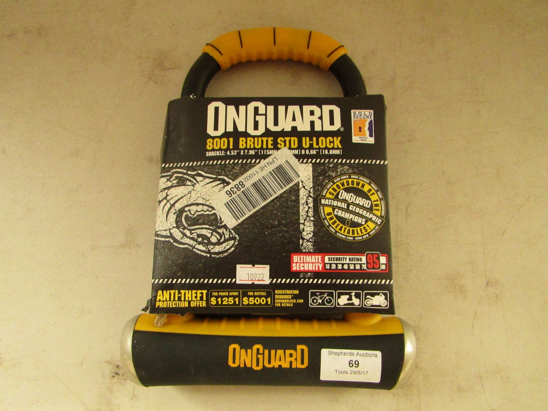 OnGuard 8001 brute standard U lock, with keys.