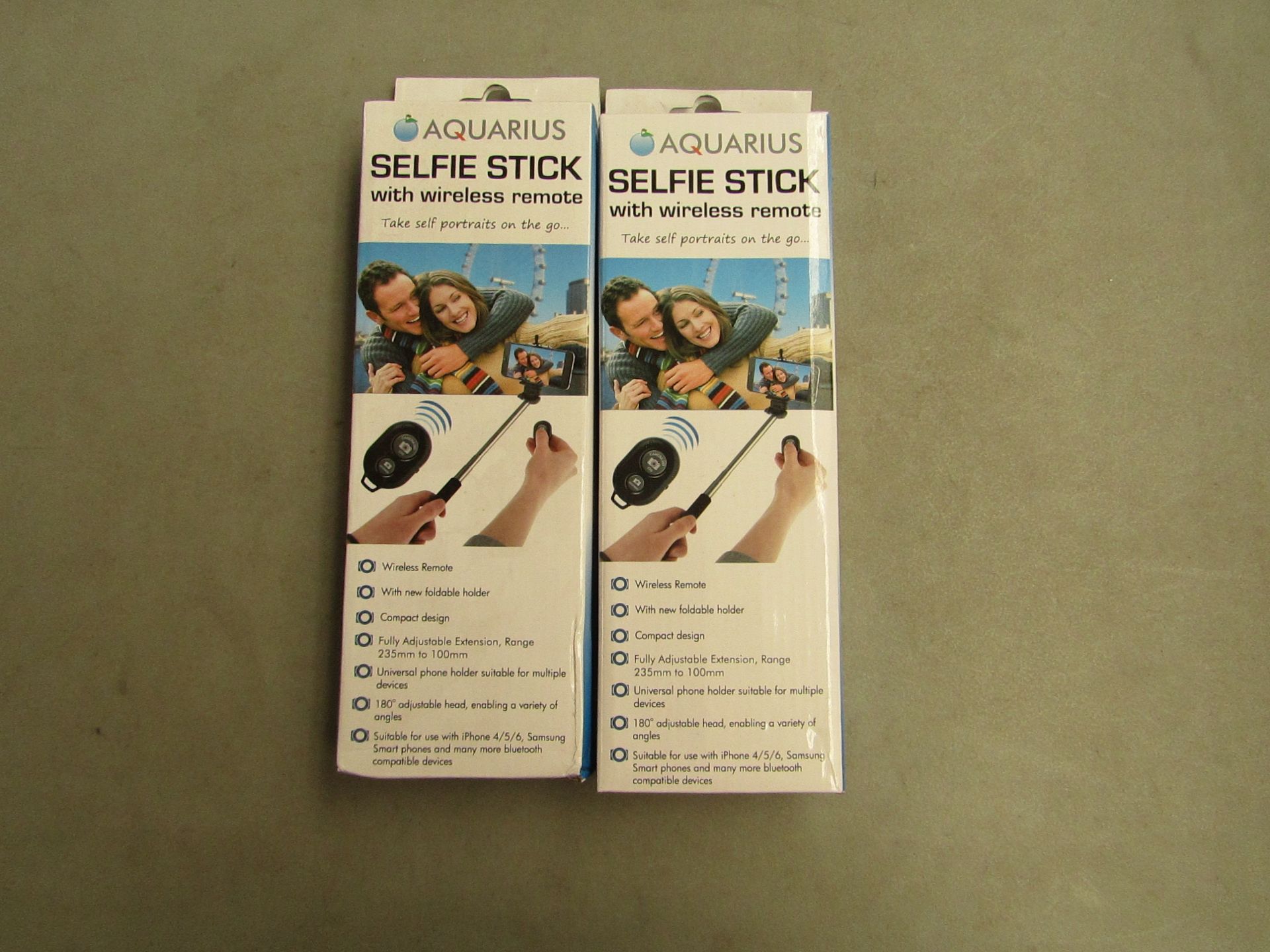 2x Aqaurius Selfie Sticks with wireless remote control, new and boxed, RRP £6.99 each