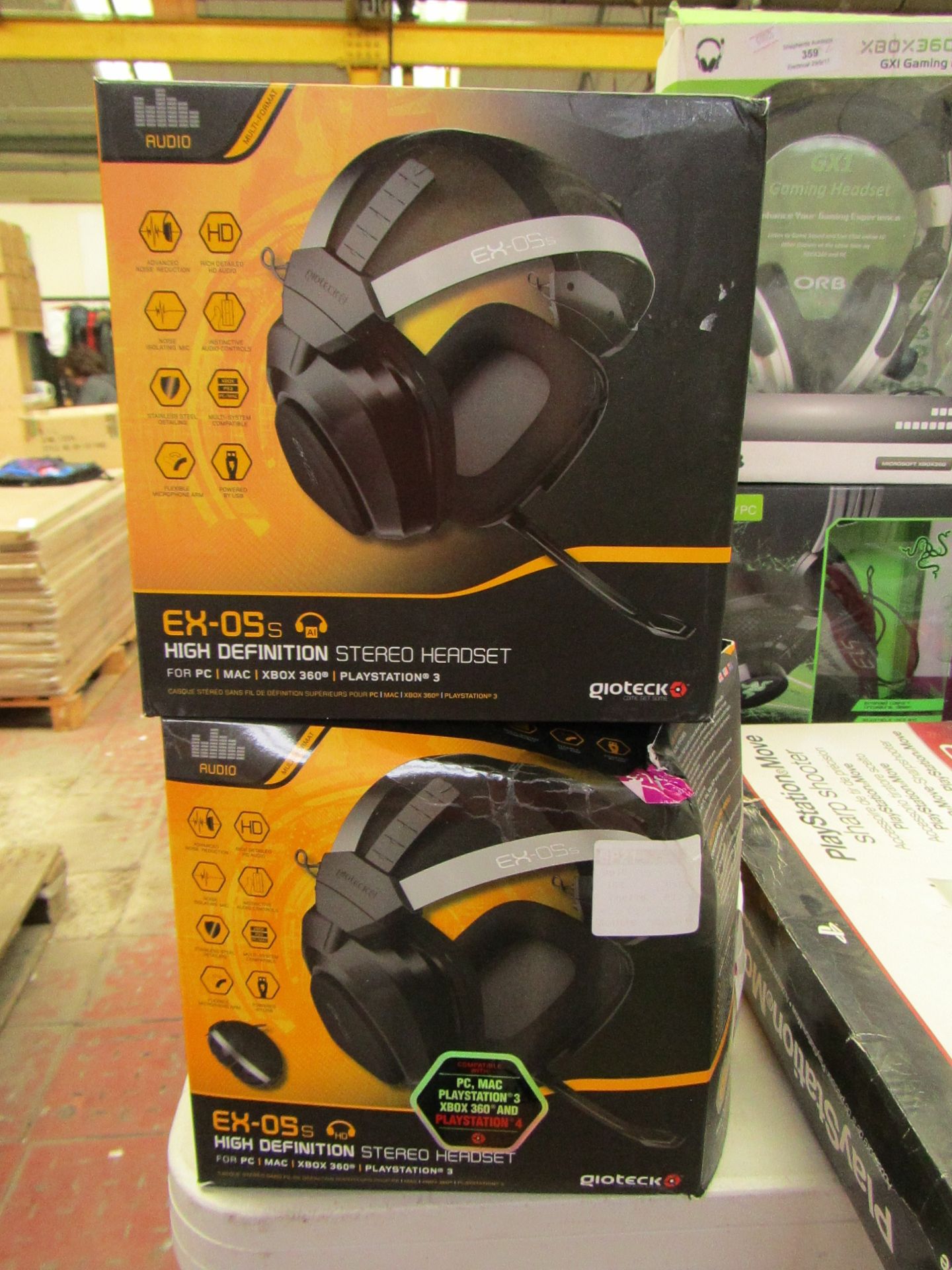 2x Giotek EX-05 s stereo gaming headsets, both boxed