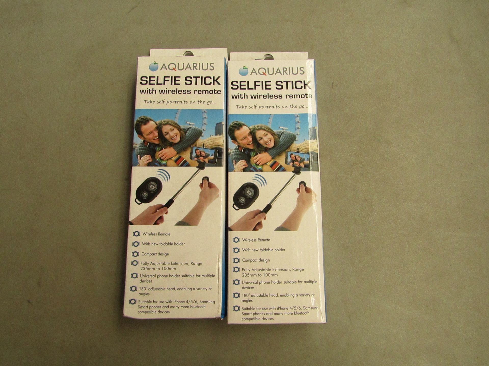 2x Aqaurius Selfie Sticks with wireless remote control, new and boxed, RRP £6.99 each