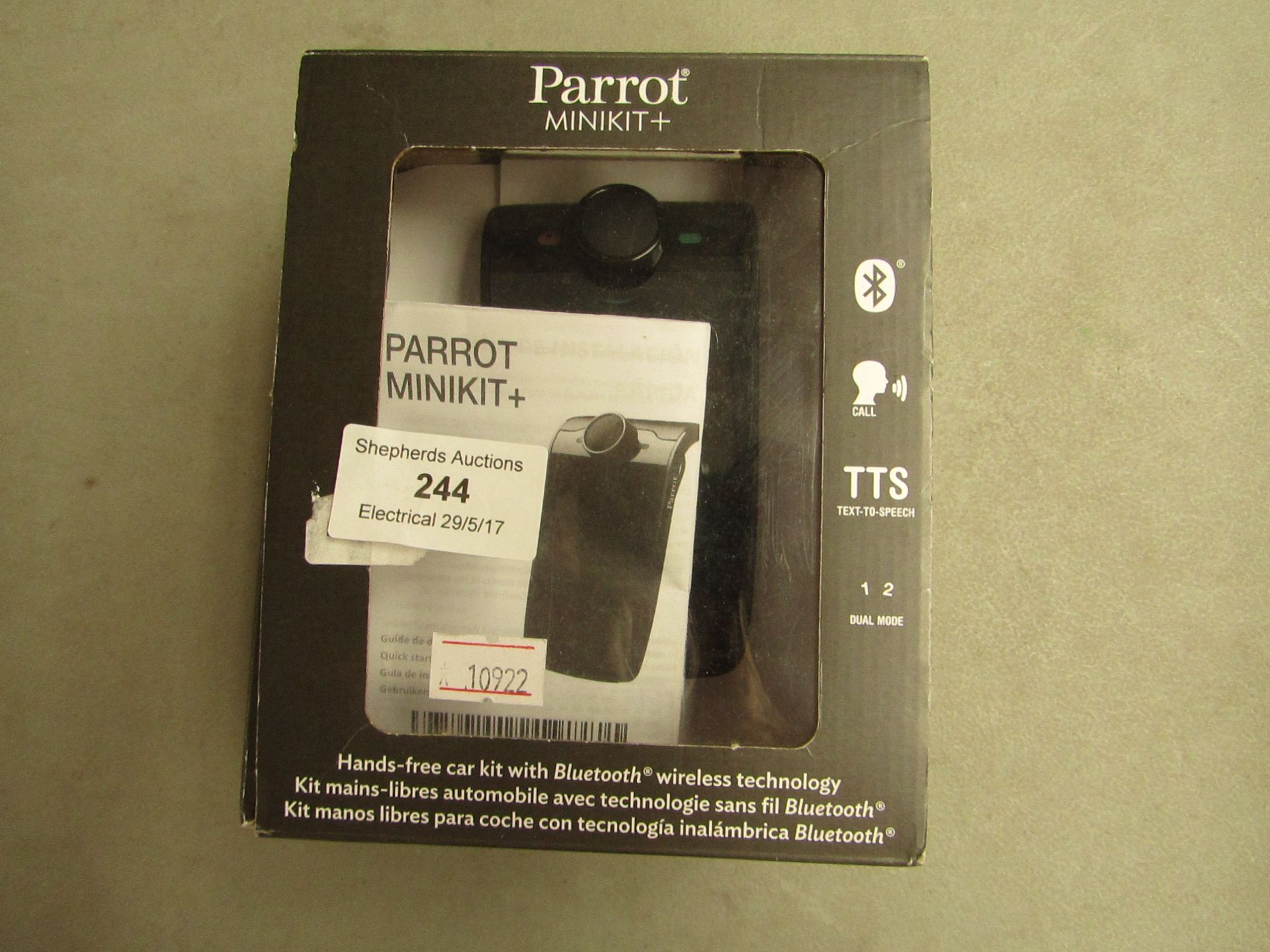Parrot Mini Kit Plus hands free car kit with bluetooth, text to speak, voice command answer and