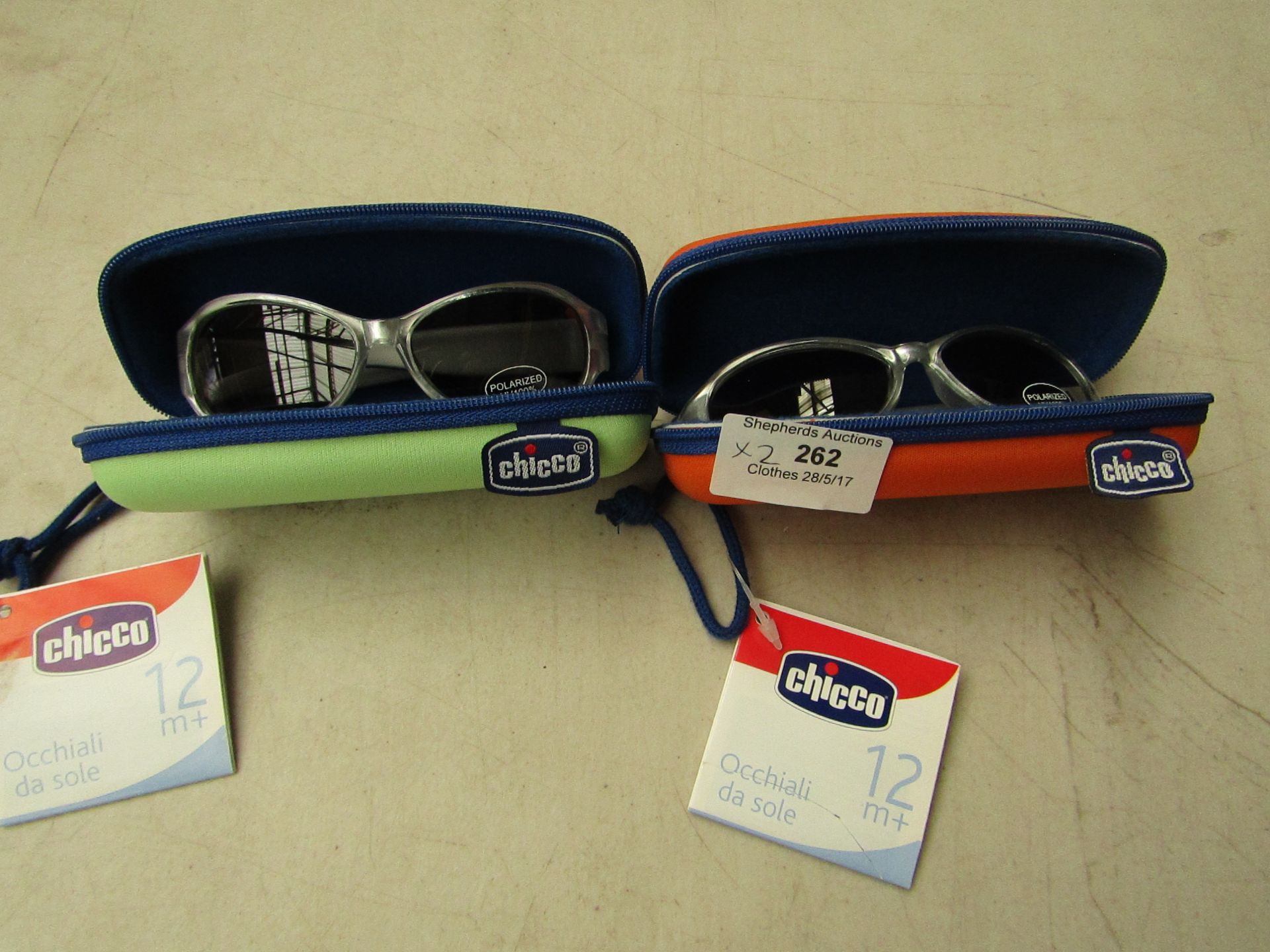 2 Pairs Chicco childrens sunglasses aged 12 months + new with tags & cases, ( see picture for