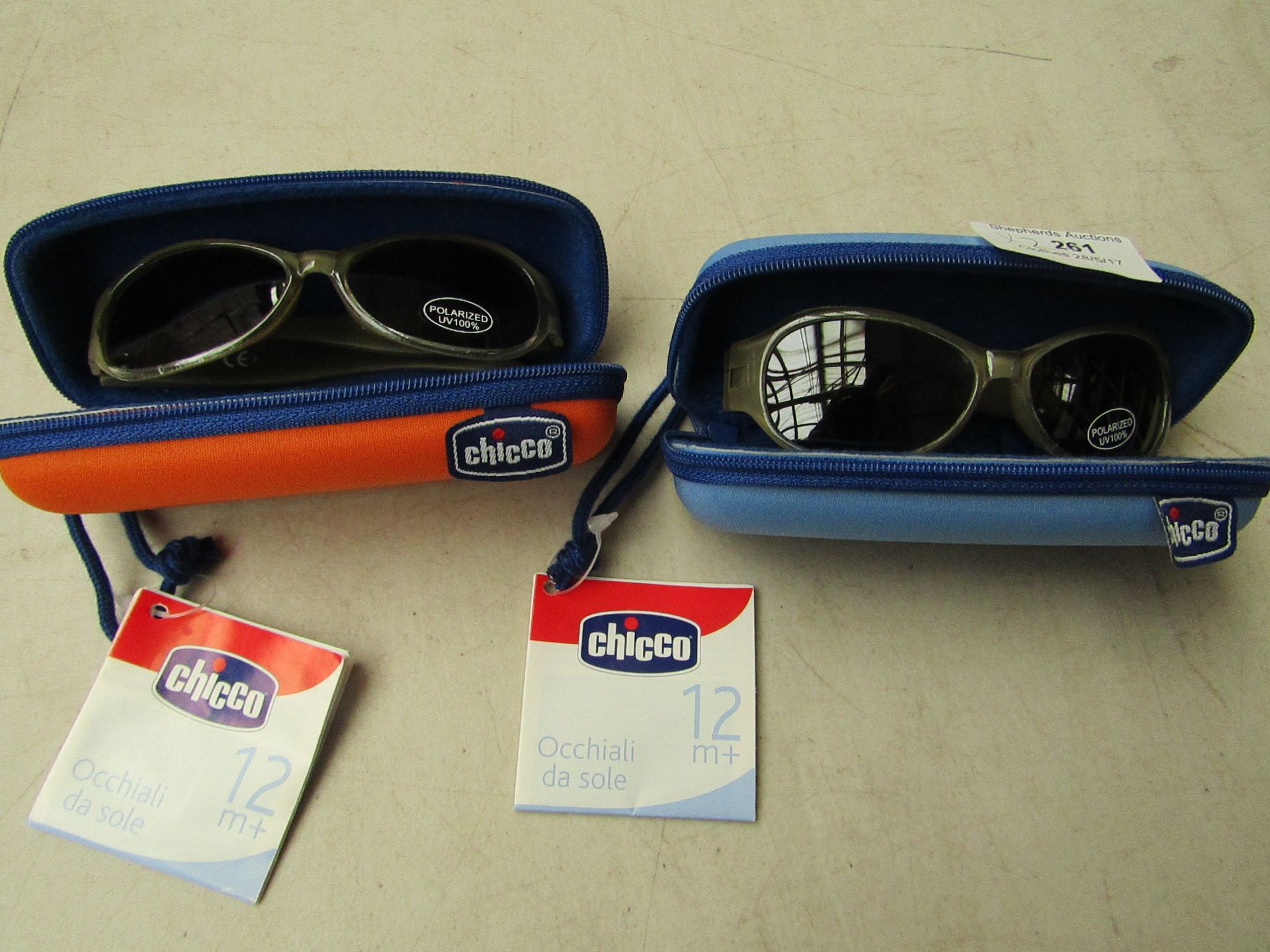 2 Pairs Chicco childrens sunglasses aged 12 months + new with tags & cases, ( see picture for