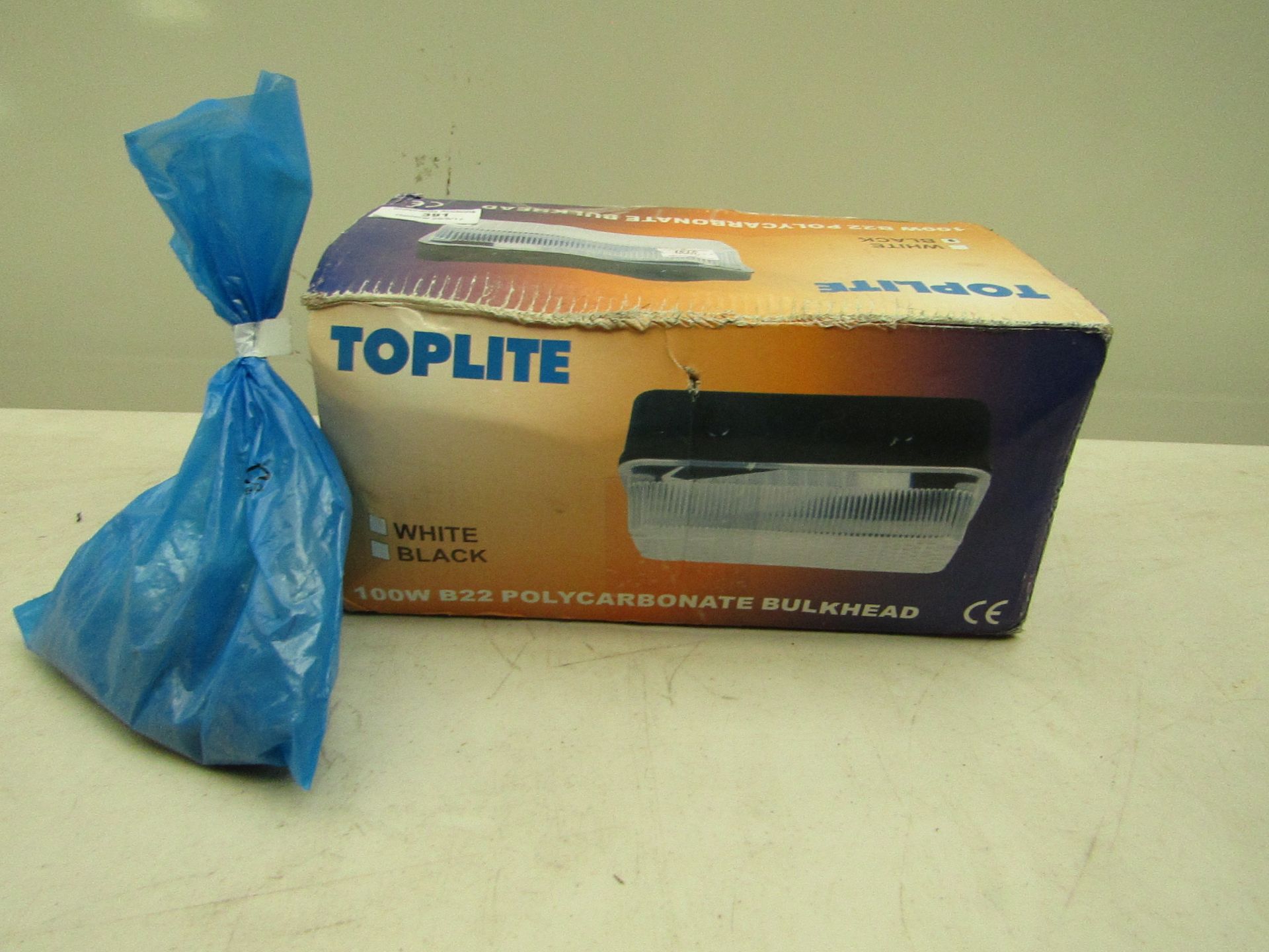 Toplite 100W B22 polycarbonate bulkhead, boxed.