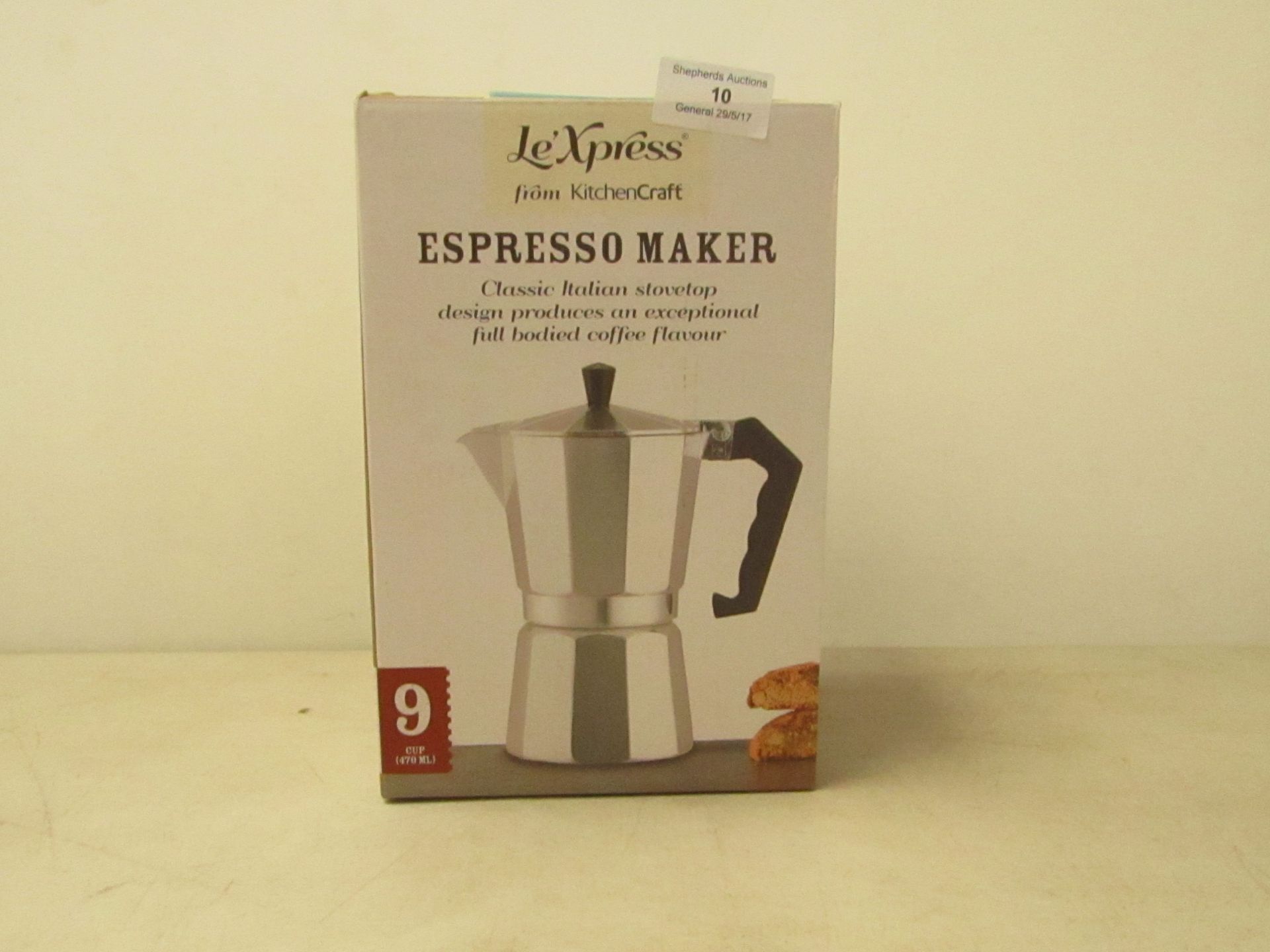 Le' Xpress espresso maker, unchecked and boxed.