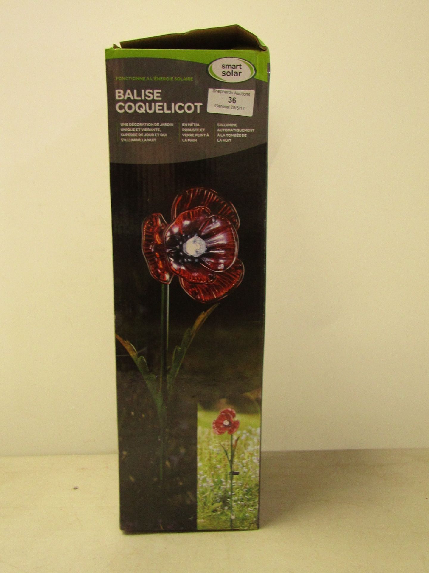 Smart solar poppy stake light, unchecked and boxed.