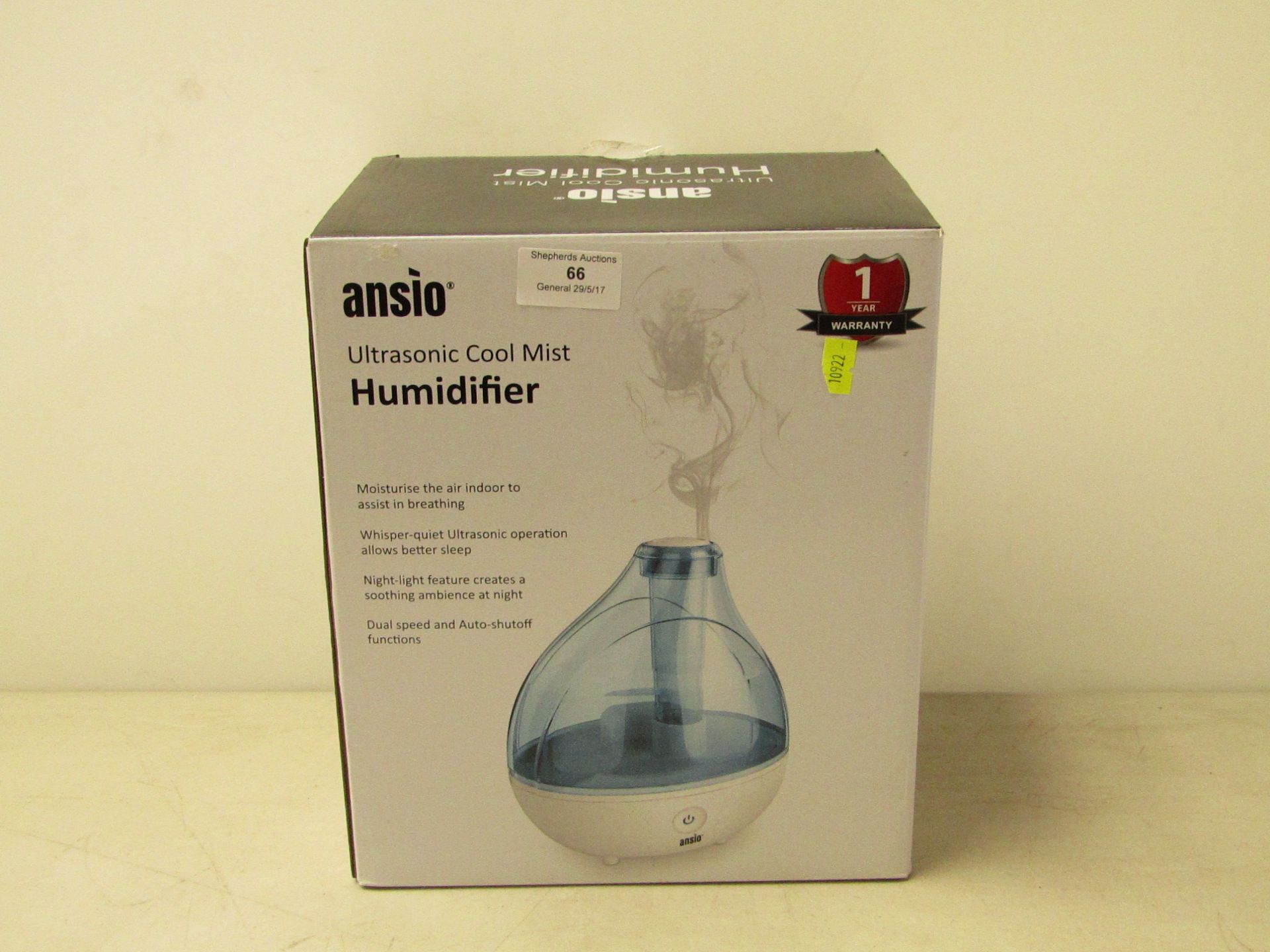 Ansio Ultrasonic cool mist humidifier, unchecked and boxed.