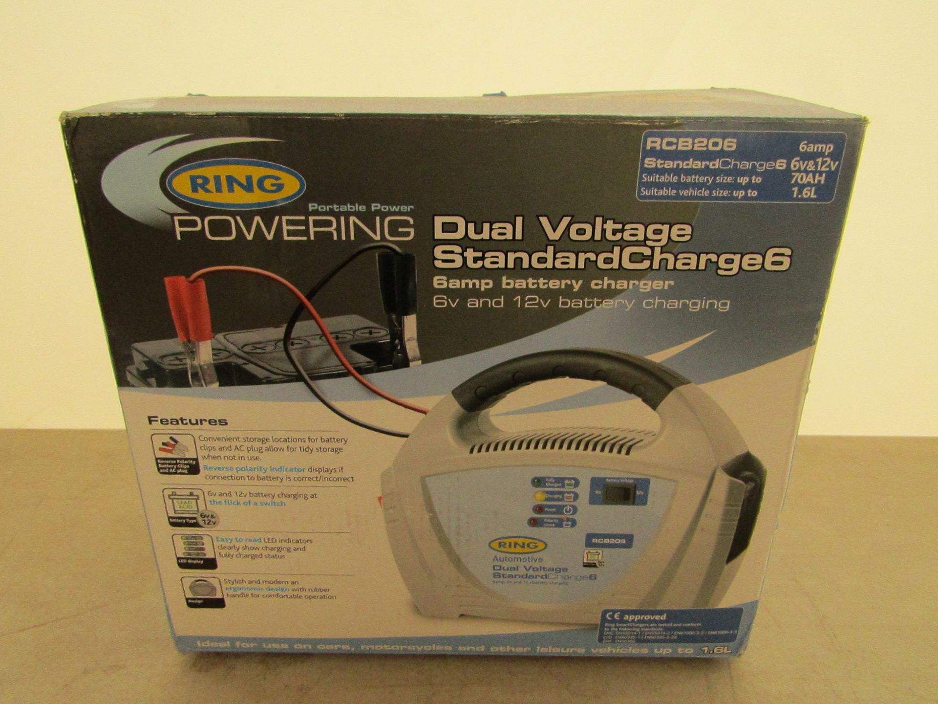 2x Ring dual voltage stand charge 6amp battery charger (6v/12v). Both boxed.