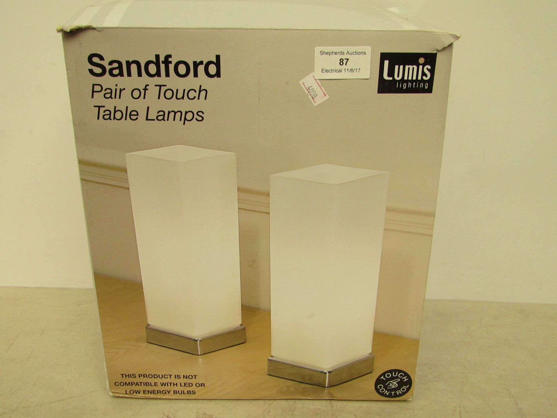 Sandford pair of touch table lamps, unchecked and boxed.